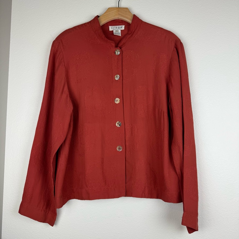 Citron Santa Monica Orange‎ Embossed Blouse Button Up Silk Womens Medium